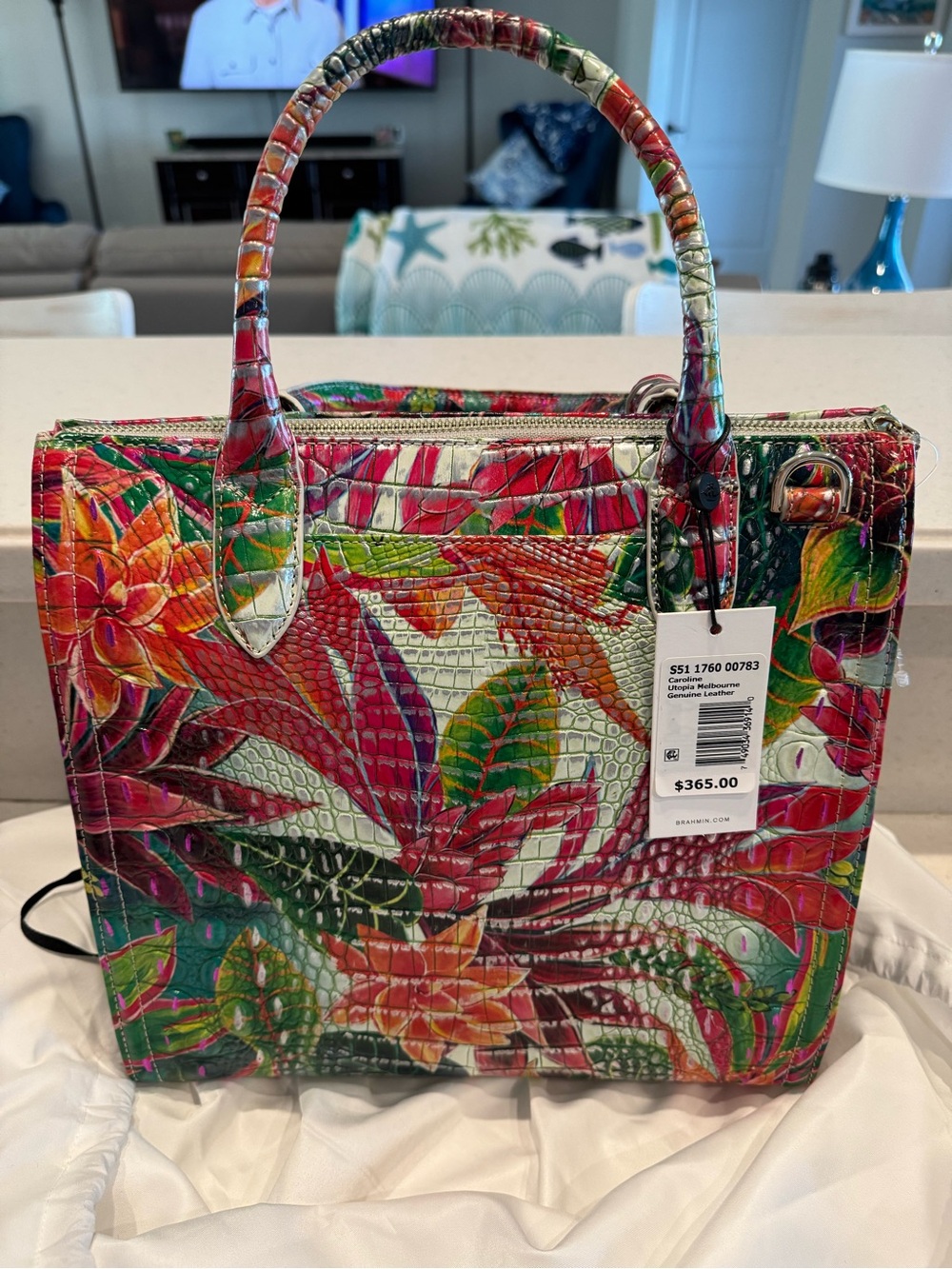 Brahmin Multicolor Floral Embossed Satchel - Pink, Green, Orange